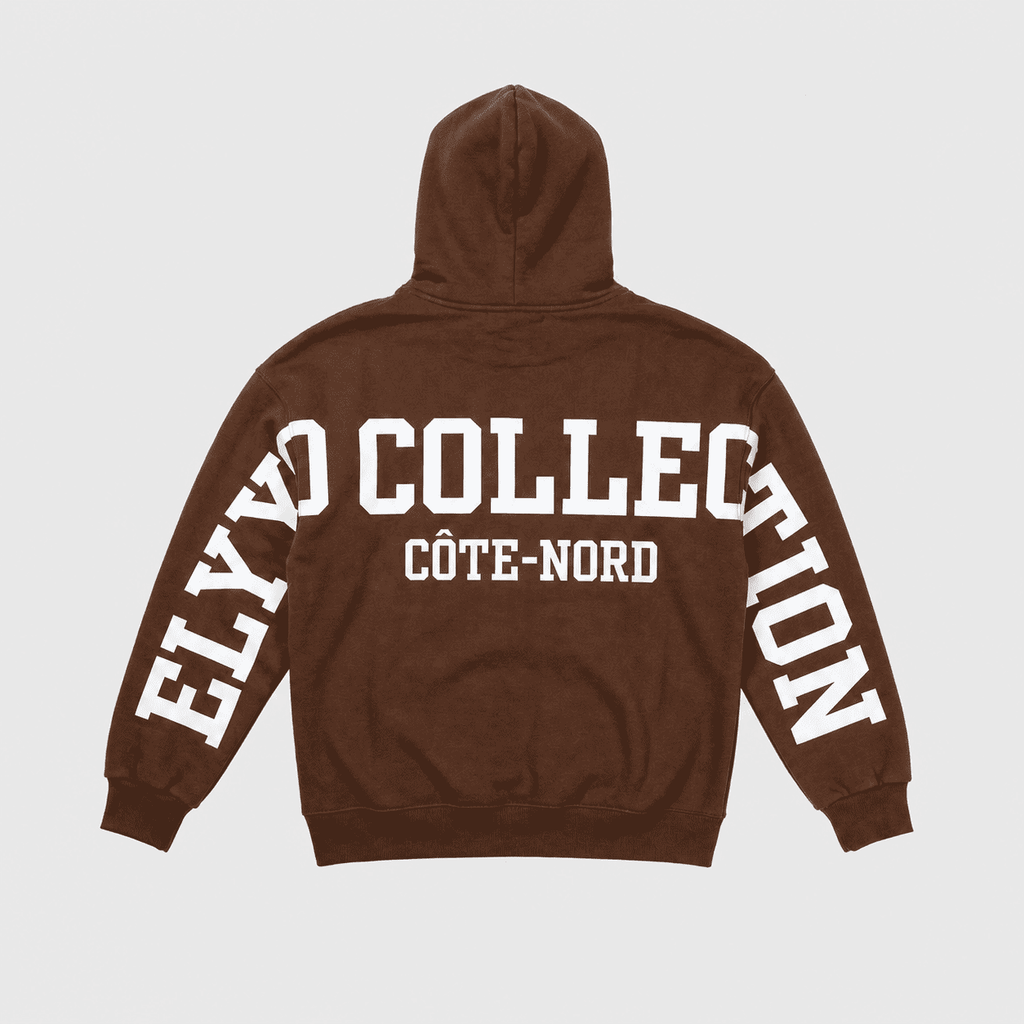 Back view of Elyo Collection embroidered hoodie showing Cote-Nord print