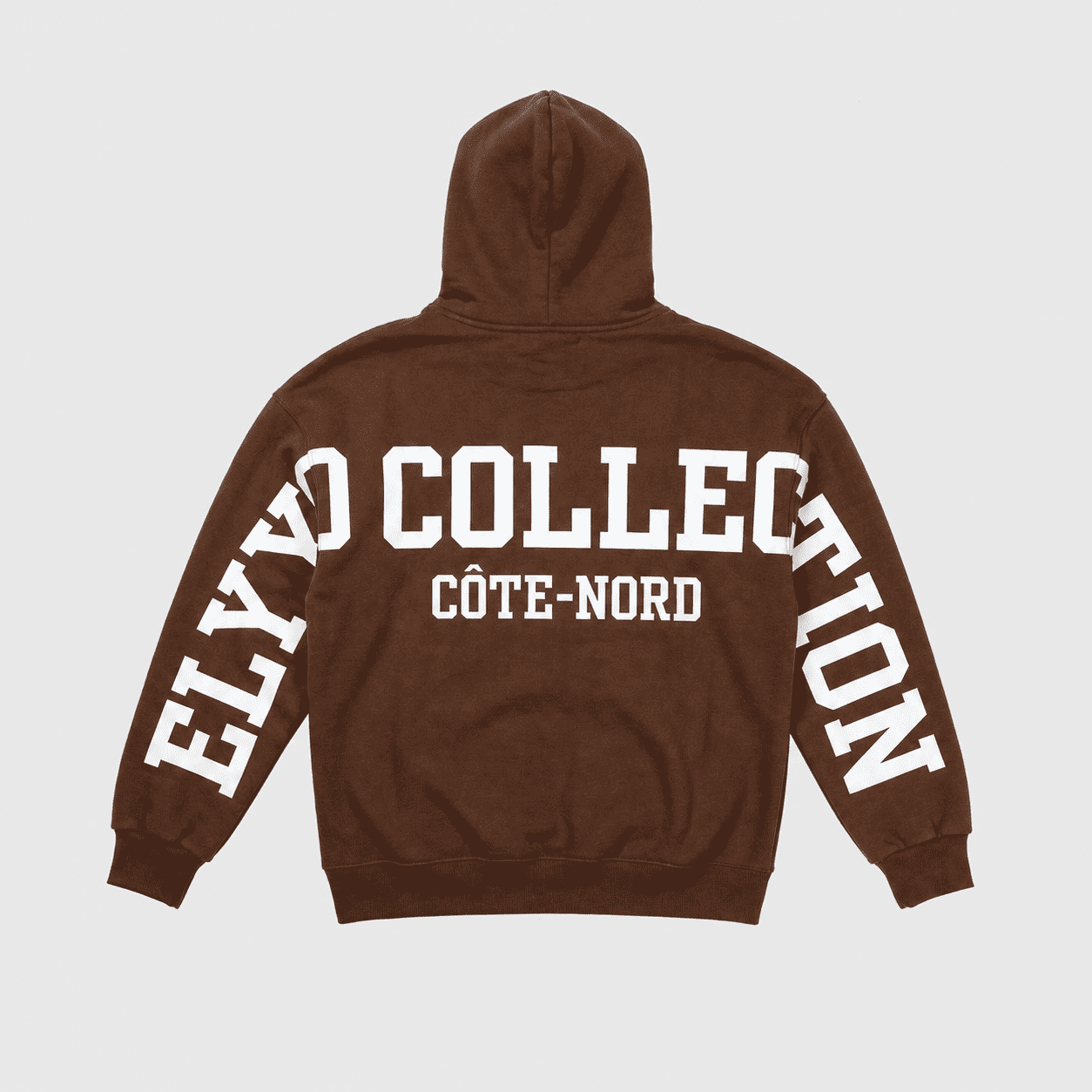 Back view of Elyo Collection embroidered hoodie showing Cote-Nord print