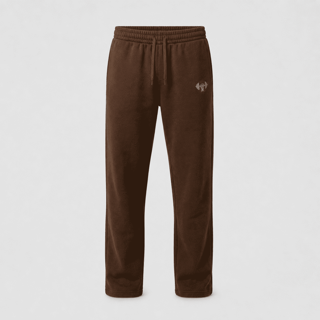 Brown fleece jogger sweatpants with drawstring waist, Elyo Collection logo