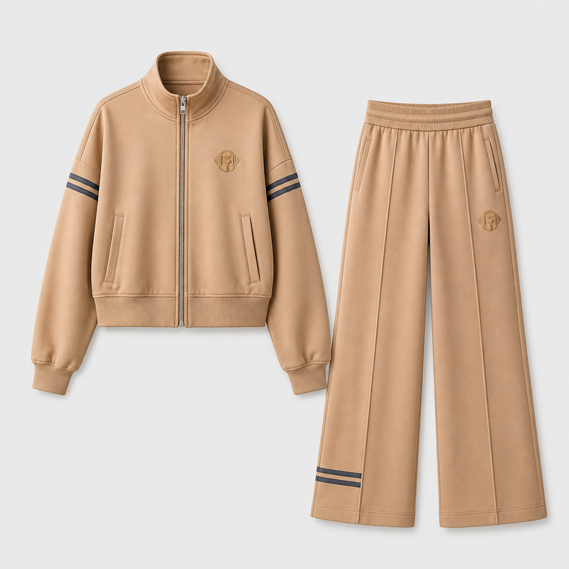 Women’s Sand Beige Set with zip-up cropped jacket and wide-leg pants in neutral beige tone for modern casual elegance