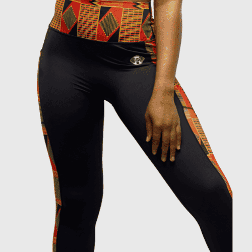 Close-up of high waisted tummy control leggings with African kente print side panel