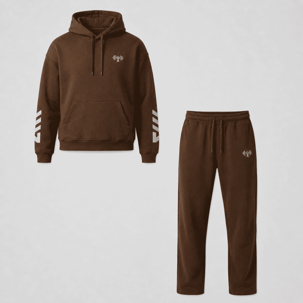 Flat lay of women's oversized hoodie and jogger matching set in brown fleece