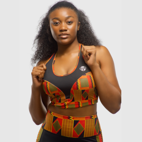 Women's Kente-print sports bra and leggings set, close-up front view