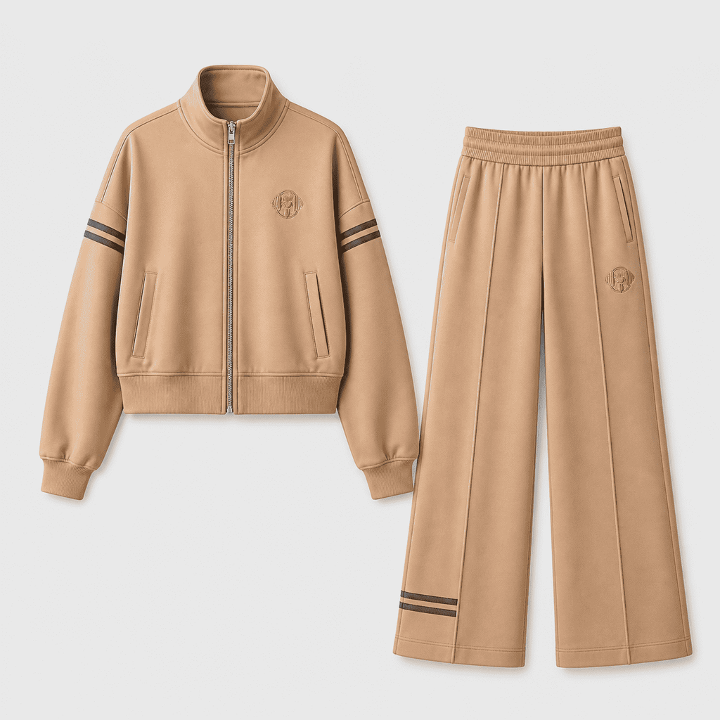 Sand beige tracksuit set flat lay showing cropped zip jacket and wide-leg pants with stripe detail