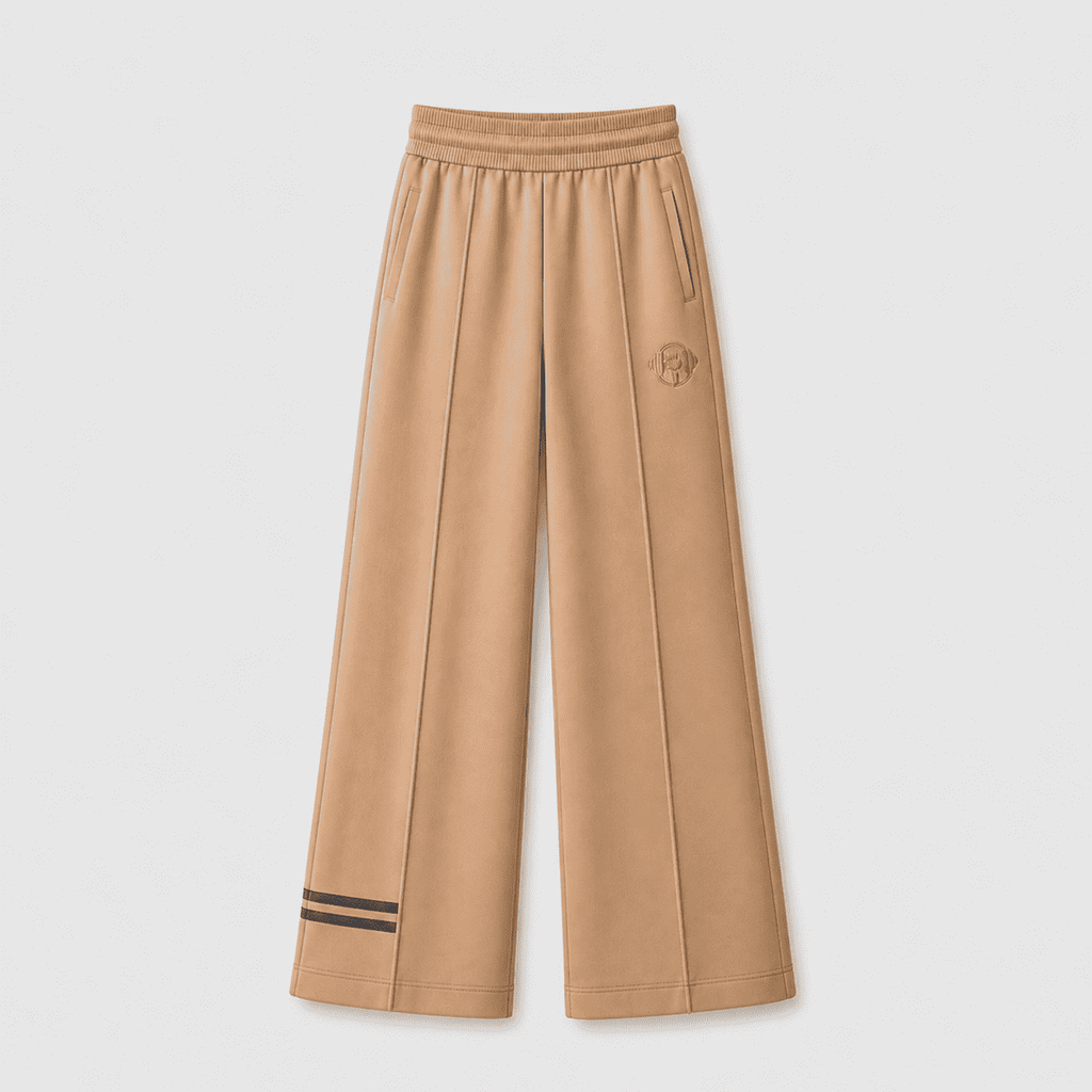 Sand beige wide-leg sweatpants with contrast stripe ankle detail and embroidered logo